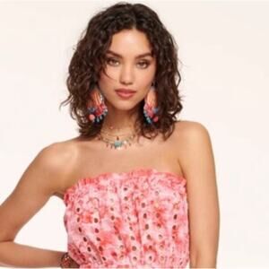 Ramy Brook Hot Pink Tie Dye Sheer Eyelet Strapless Summer Beach Crop Top Medium